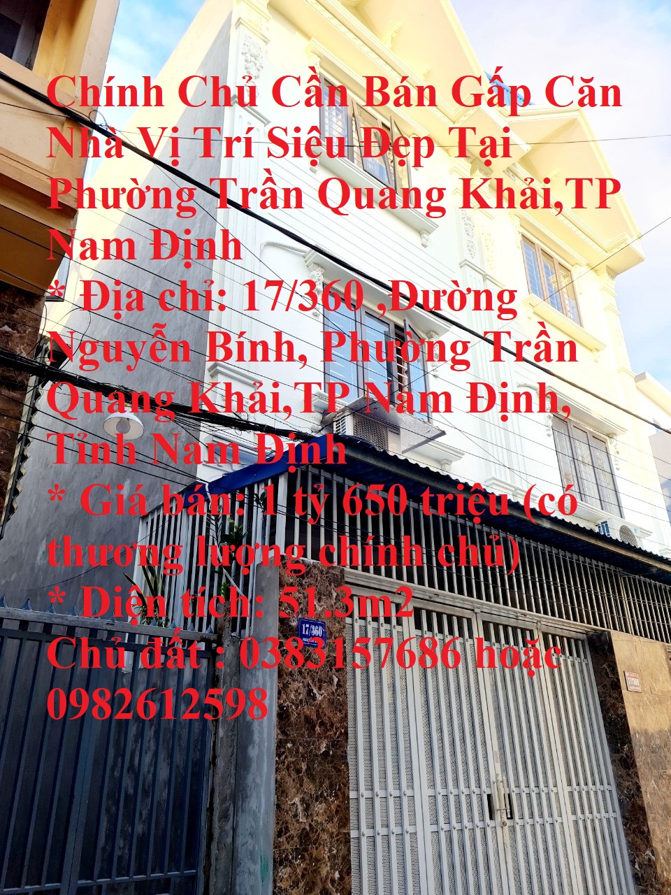 Chính Chủ Bán Gấp Căn Nhà Vị Trí Siêu Đẹp Tại Phường Trần Quang Khải,TP Nam Định
