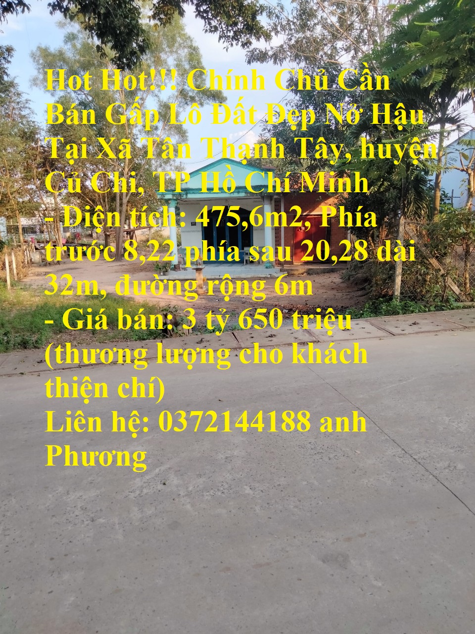 Hot Hot!!! Chính Chủ Cần Bán Gấp Lô Đất Đẹp Nở Hậu Tại Xã Tân Thạnh Tây, huyện Củ Chi, TP