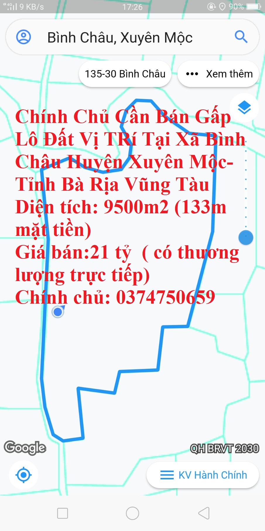 Chính Chủ Cần Bán Gấp Lô Đất Vị TRí Tại Xã Bình Châu Huyện Xuyên Mộc- Tỉnh Bà Rịa Vũng Tàu