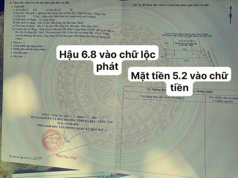 Hot hot chính chủ cần bán nhanh lô đất đẹp vị trí đắc địa tại thị xã Phú Mỹ,  Bà Rịa Vũng