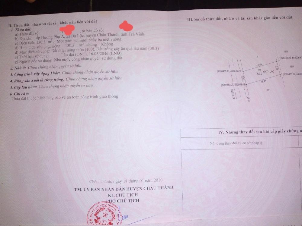 Chính Chủ Cần Bán Lô Đất Đẹp Vị Trí Đắc Địa Tại Xã Đa Lộc, Huyện  Châu Thành, Tỉnh Trà